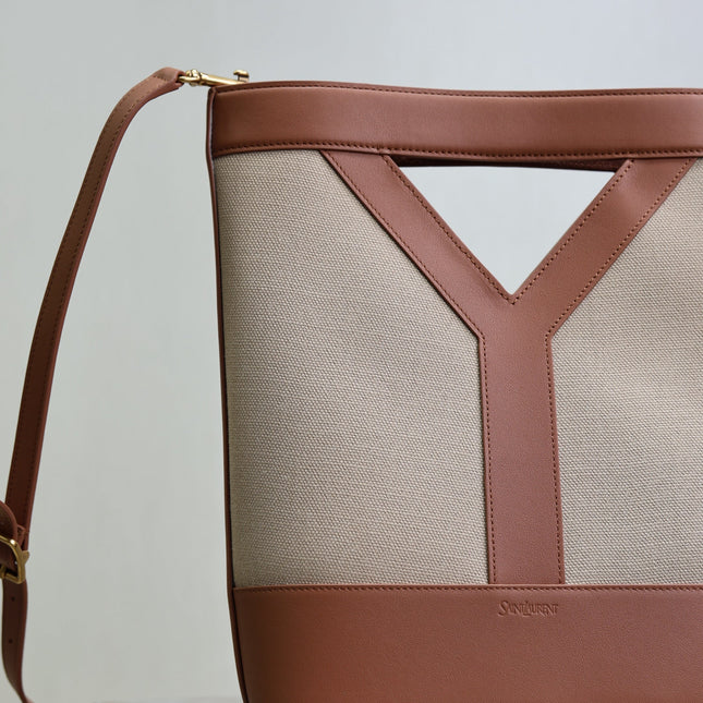 YSL 25S Y SMALL BUCKET 29 IN DESERT DUST AND BRICK CANVAS GOLD HARDWRE