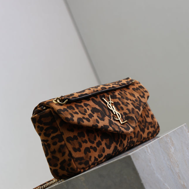 YSL 25S CALYPSO HANDBAG 26 IN BROWN LEOPARD PRINT VELVET GOLD HARDWRE