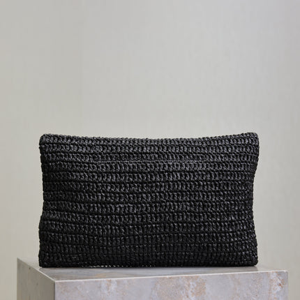 YSL 25S CASSANDRE LARGE ENVELOPE POUCH 29 IN BLACK RAFFIA GOLD HARDWRE