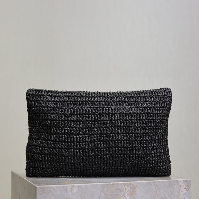 YSL 25S CASSANDRE LARGE ENVELOPE POUCH 29 IN BLACK RAFFIA GOLD HARDWRE
