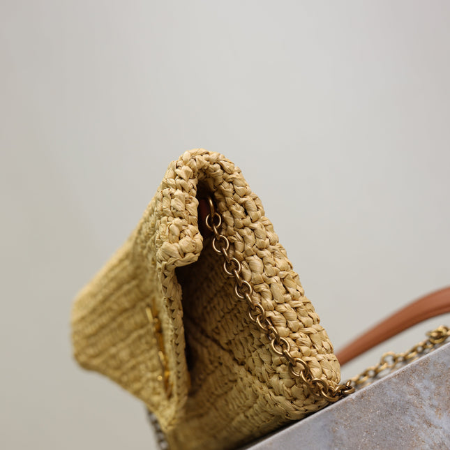 YSL 25S CALYPSO BAG 19 IN NATURAL RAFFIA AND CALFSKIN GOLD HARDWRE