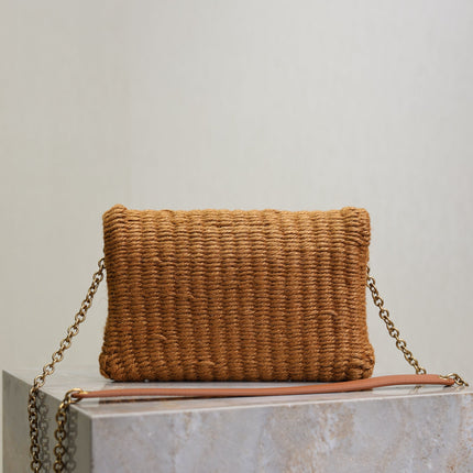 YSL 25S CALYPSO BAG 19 IN DARK BROWN RAFFIA AND CALFSKIN GOLD HARDWRE