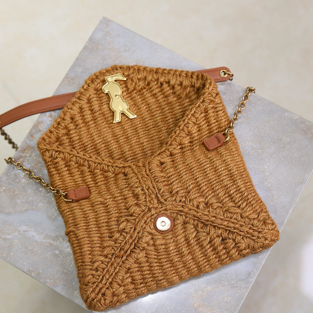 YSL 25S CALYPSO BAG 19 IN DARK BROWN RAFFIA AND CALFSKIN GOLD HARDWRE