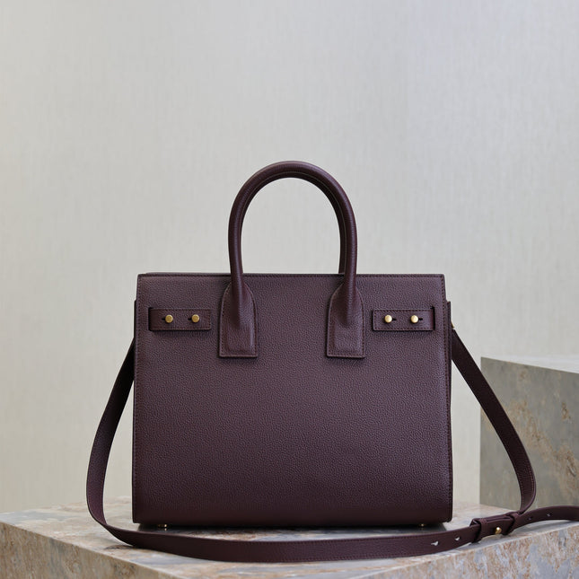 YSL 25S SAC DE JOUR GM 32 IN ROUGE CABERNET SUPPLE GRAINED CALFSKIN