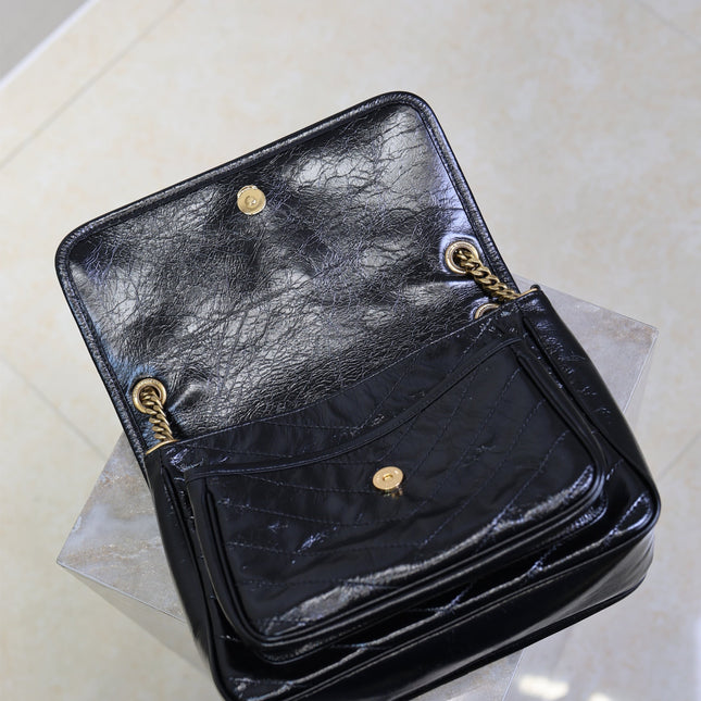 YSL 25S NIKI MM BAG 28 IN BLACK GLOSSY CALFSKIN GOLD HARDWRE