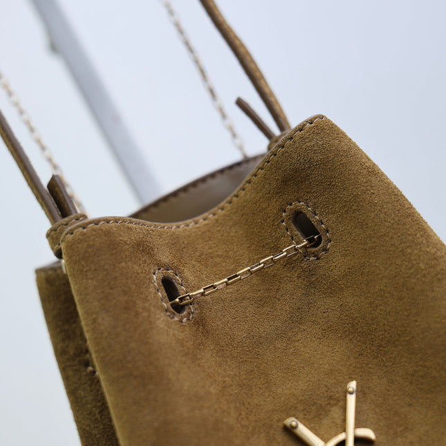 YSL 25S POCHON BAG 24 IN CARAMEL COGNAC SUEDE GOLD HARDWRE