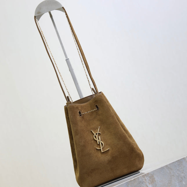 YSL 25S POCHON BAG 24 IN CARAMEL COGNAC SUEDE GOLD HARDWRE