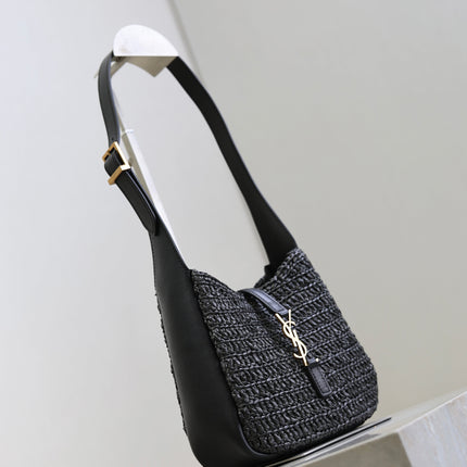 YSL 25S LE 5 À 7 SUPPLE SMALL 16 IN BLACK RAFFIA AND LEATHER GOLD HARDWRE