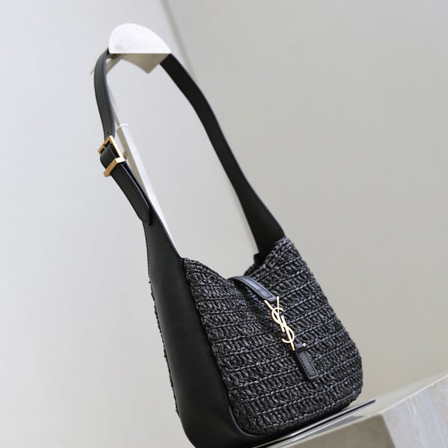 YSL 25S LE 5 À 7 SUPPLE SMALL 16 IN BLACK RAFFIA AND LEATHER GOLD HARDWRE