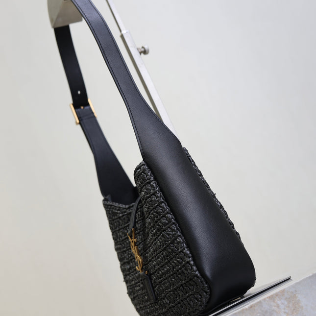 YSL 25S LE 5 À 7 SUPPLE SMALL 16 IN BLACK RAFFIA AND LEATHER GOLD HARDWRE