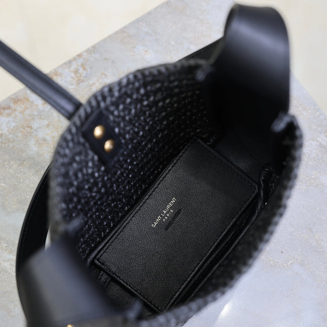 YSL 25S LE 5 À 7 SUPPLE SMALL 16 IN BLACK RAFFIA AND LEATHER GOLD HARDWRE