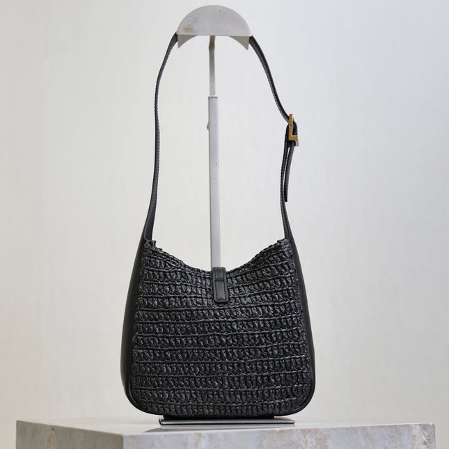 YSL 25S LE 5 À 7 SUPPLE SMALL 16 IN BLACK RAFFIA AND LEATHER GOLD HARDWRE