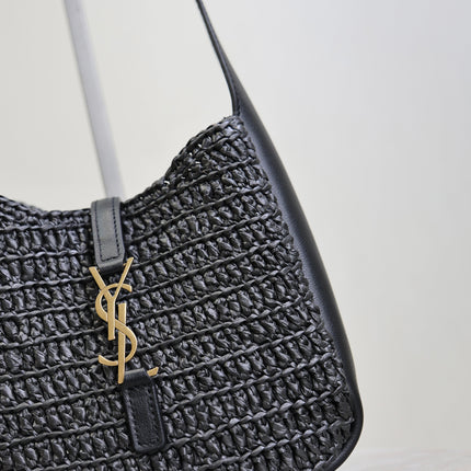 YSL 25S LE 5 À 7 SUPPLE SMALL 16 IN BLACK RAFFIA AND LEATHER GOLD HARDWRE