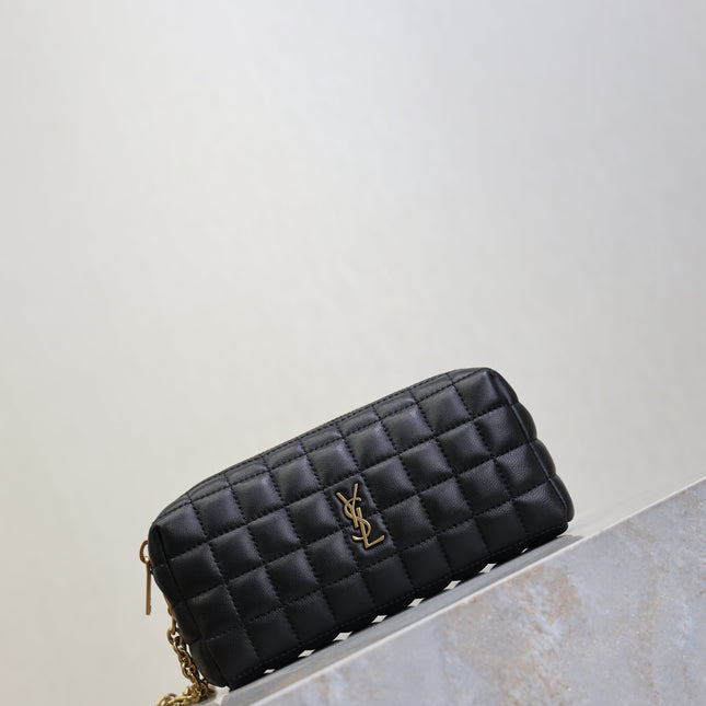 YSL 25S CASSANDRE MATELASSÉ CARRÉ POUCH ON CHAIN 18 IN BLACK LAMBSKIN