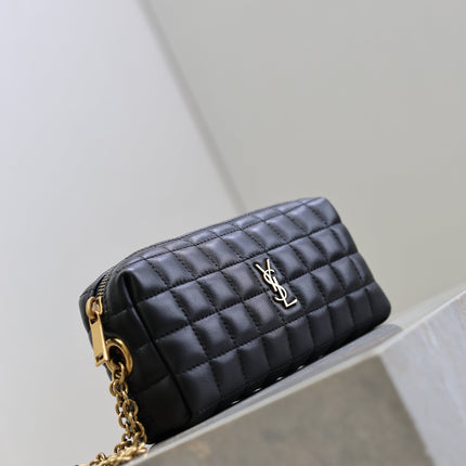 YSL 25S CASSANDRE MATELASSÉ CARRÉ POUCH ON CHAIN 18 IN BLACK LAMBSKIN