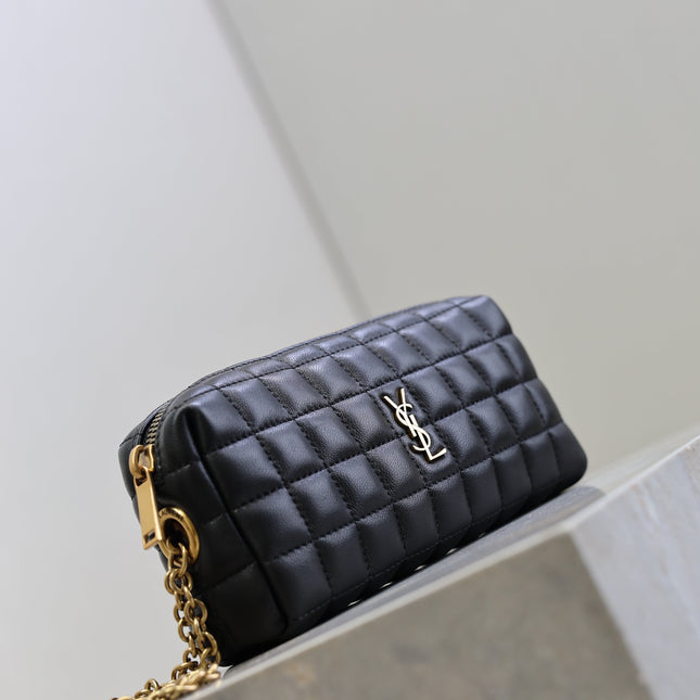 YSL 25S CASSANDRE MATELASSÉ CARRÉ POUCH ON CHAIN 18 IN BLACK LAMBSKIN
