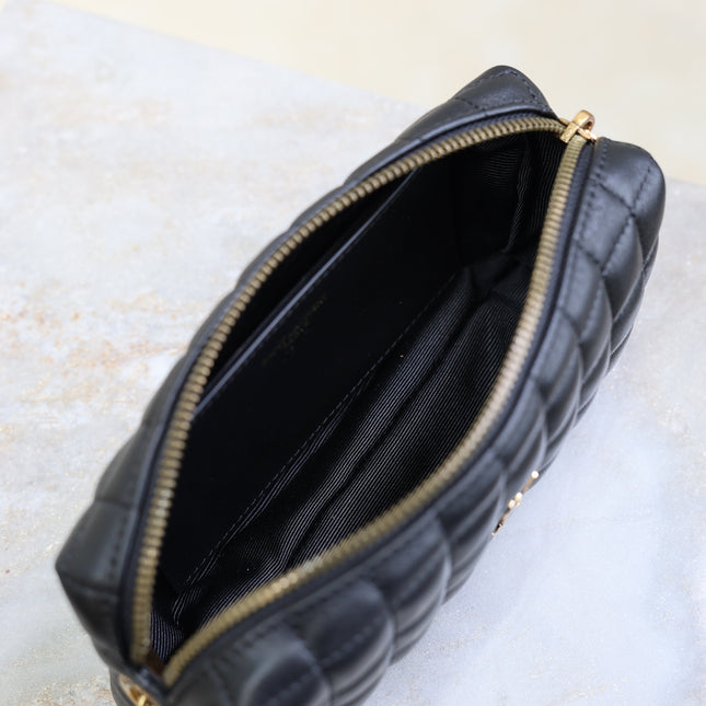 YSL 25S CASSANDRE MATELASSÉ CARRÉ POUCH ON CHAIN 18 IN BLACK LAMBSKIN