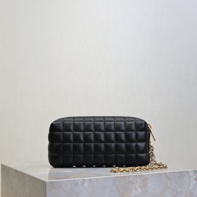 YSL 25S CASSANDRE MATELASSÉ CARRÉ POUCH ON CHAIN 18 IN BLACK LAMBSKIN