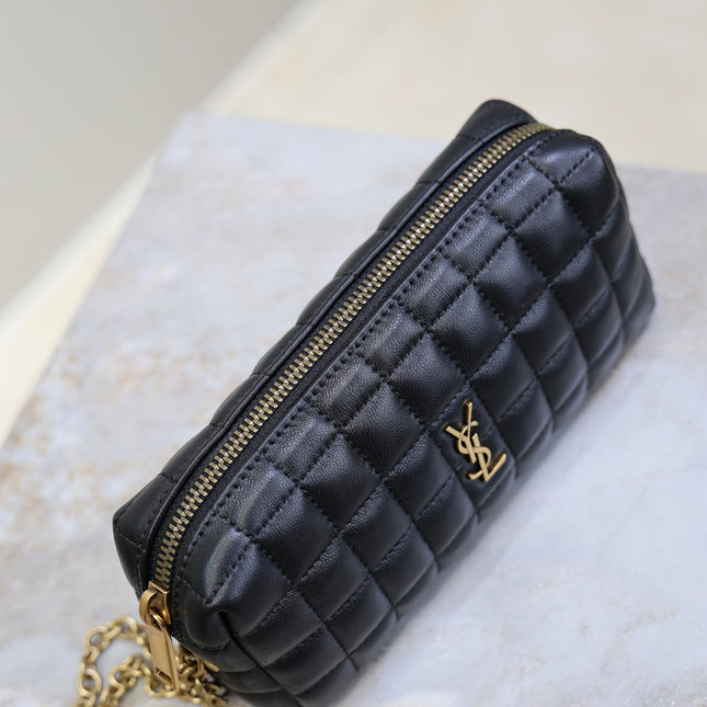 YSL 25S CASSANDRE MATELASSÉ CARRÉ POUCH ON CHAIN 18 IN BLACK LAMBSKIN