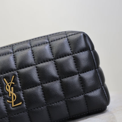 YSL 25S CASSANDRE MATELASSÉ CARRÉ POUCH ON CHAIN 18 IN BLACK LAMBSKIN