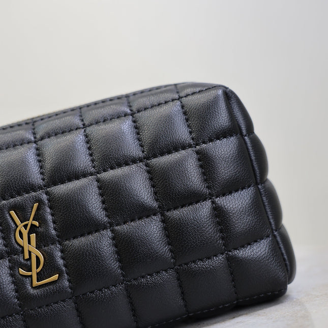 YSL 25S CASSANDRE MATELASSÉ CARRÉ POUCH ON CHAIN 18 IN BLACK LAMBSKIN