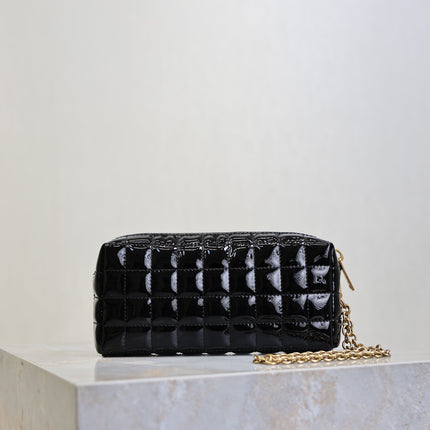 YSL 25S CASSANDRE MATELASSÉ CARRÉ POUCH ON CHAIN 18 IN BLACK SHINY CALFSKIN