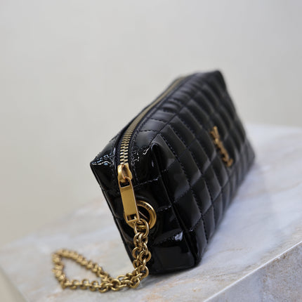 YSL 25S CASSANDRE MATELASSÉ CARRÉ POUCH ON CHAIN 18 IN BLACK SHINY CALFSKIN