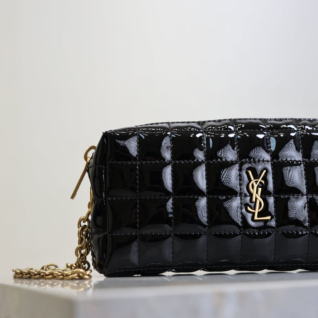 YSL 25S CASSANDRE MATELASSÉ CARRÉ POUCH ON CHAIN 18 IN BLACK SHINY CALFSKIN
