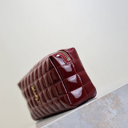 YSL 25S CASSANDRE MATELASSÉ CARRÉ POUCH ON CHAIN 18 IN DARK RED WINE SHINY CALFSKIN