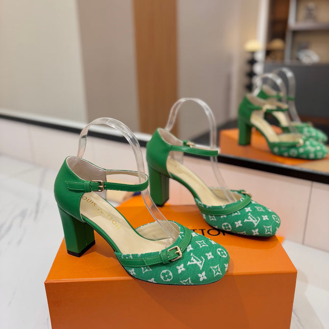 HIGH SANDALS 8 CM IN EMERALD GREEN MONOGRAM DENIM AND CALFSKIN