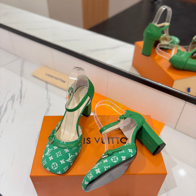 HIGH SANDALS 8 CM IN EMERALD GREEN MONOGRAM DENIM AND CALFSKIN