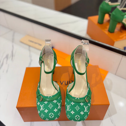 HIGH SANDALS 8 CM IN EMERALD GREEN MONOGRAM DENIM AND CALFSKIN