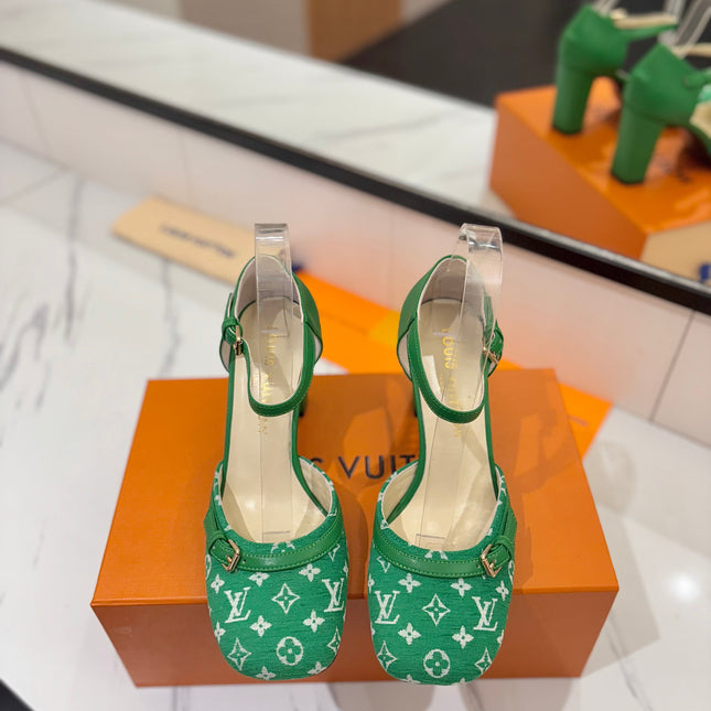 HIGH SANDALS 8 CM IN EMERALD GREEN MONOGRAM DENIM AND CALFSKIN