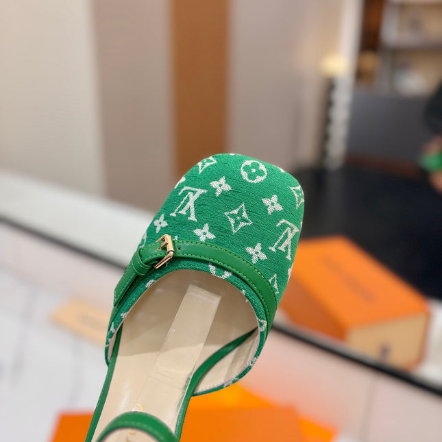 HIGH SANDALS 8 CM IN EMERALD GREEN MONOGRAM DENIM AND CALFSKIN