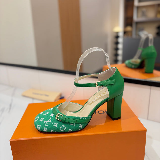 HIGH SANDALS 8 CM IN EMERALD GREEN MONOGRAM DENIM AND CALFSKIN
