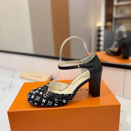 HIGH SANDALS 8 CM IN BLACK MONOGRAM DENIM AND CALFSKIN