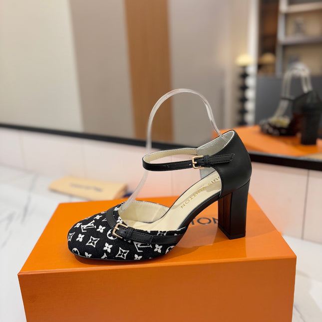 HIGH SANDALS 8 CM IN BLACK MONOGRAM DENIM AND CALFSKIN