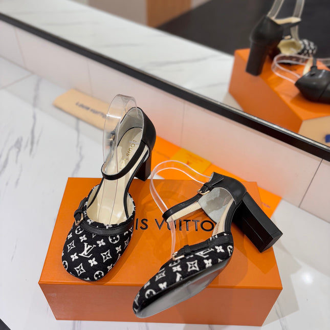 HIGH SANDALS 8 CM IN BLACK MONOGRAM DENIM AND CALFSKIN