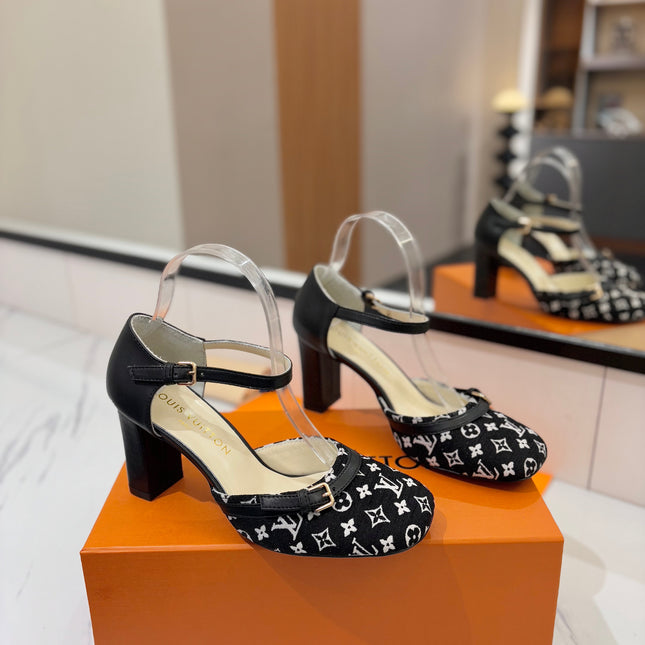 HIGH SANDALS 8 CM IN BLACK MONOGRAM DENIM AND CALFSKIN