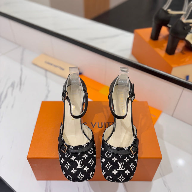HIGH SANDALS 8 CM IN BLACK MONOGRAM DENIM AND CALFSKIN