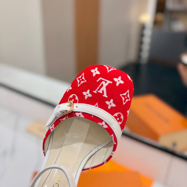 HIGH SANDALS 8 CM IN CHERRY RED MONOGRAM DENIM AND WHITE CALFSKIN