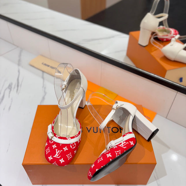 HIGH SANDALS 8 CM IN CHERRY RED MONOGRAM DENIM AND WHITE CALFSKIN