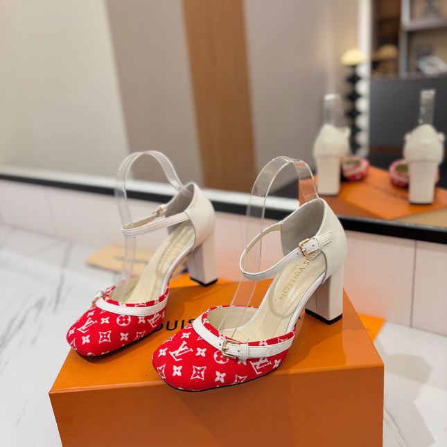 HIGH SANDALS 8 CM IN CHERRY RED MONOGRAM DENIM AND WHITE CALFSKIN