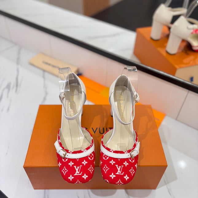 HIGH SANDALS 8 CM IN CHERRY RED MONOGRAM DENIM AND WHITE CALFSKIN