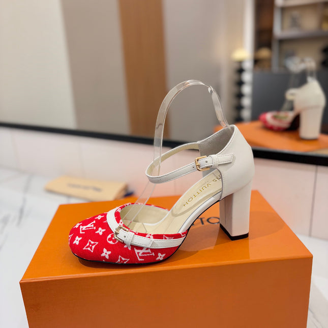 HIGH SANDALS 8 CM IN CHERRY RED MONOGRAM DENIM AND WHITE CALFSKIN