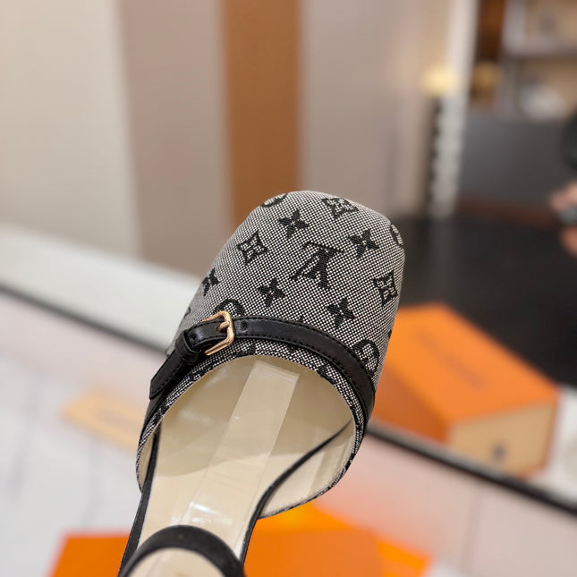 HIGH SANDALS 8 CM IN COOL GRAY MONOGRAM DENIM AND BLACK CALFSKIN