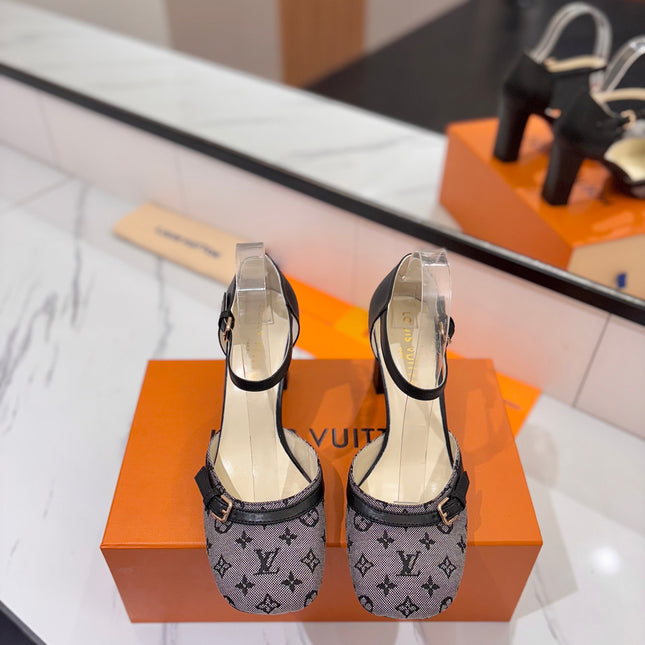 HIGH SANDALS 8 CM IN COOL GRAY MONOGRAM DENIM AND BLACK CALFSKIN