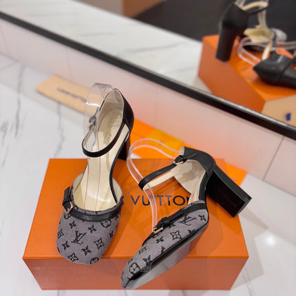 HIGH SANDALS 8 CM IN COOL GRAY MONOGRAM DENIM AND BLACK CALFSKIN