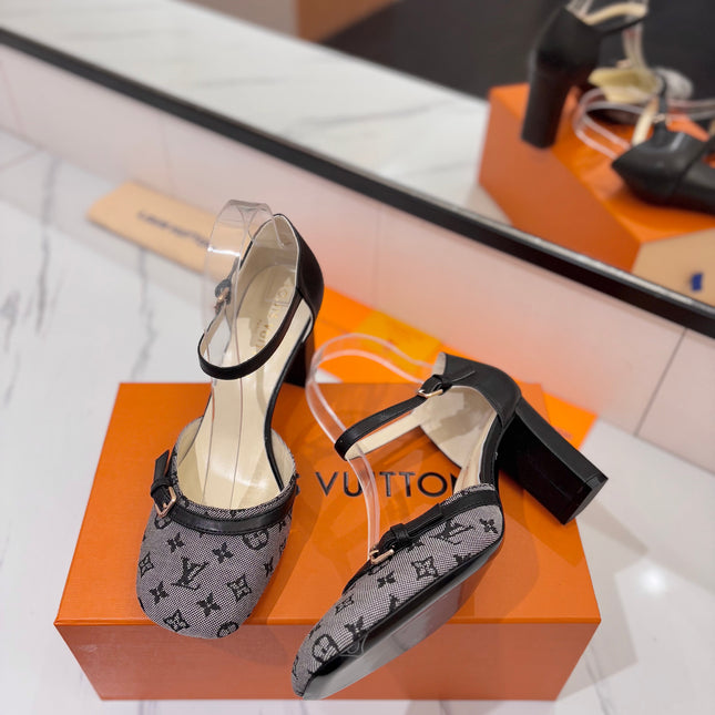 HIGH SANDALS 8 CM IN COOL GRAY MONOGRAM DENIM AND BLACK CALFSKIN