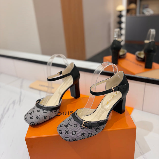 HIGH SANDALS 8 CM IN COOL GRAY MONOGRAM DENIM AND BLACK CALFSKIN